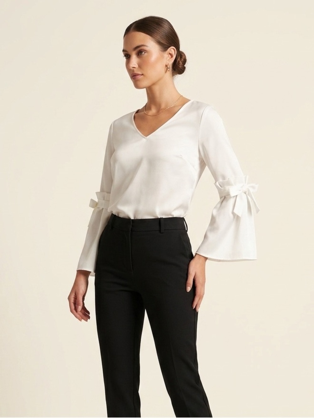 White V-Neck Bell Sleeve Blouse with Ribbon Detail